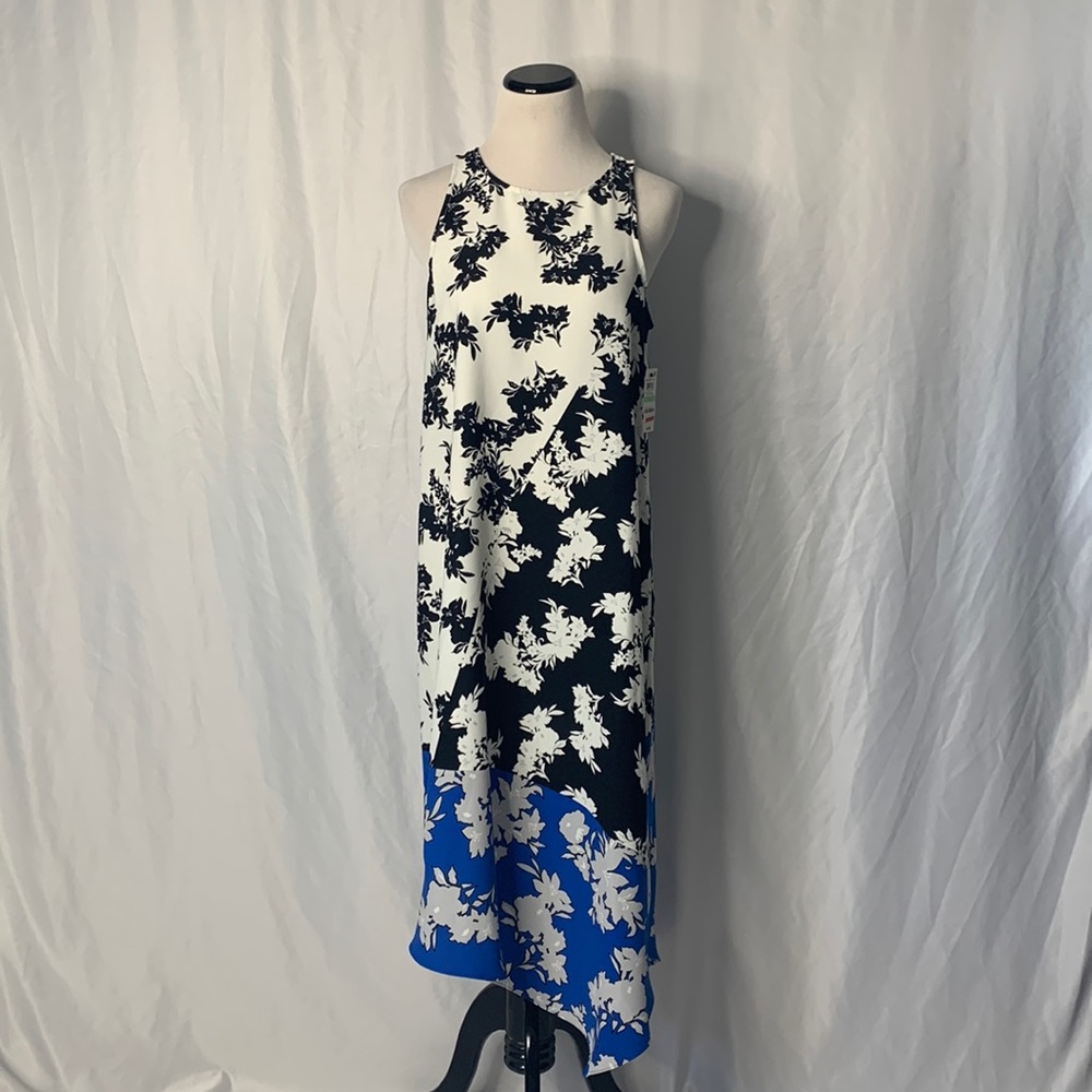 Alfani Blue Black and White Florian Asymmetrical Sleeveless Dress